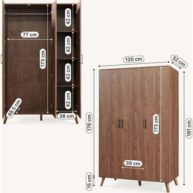 Kleiderschrank Norg 191x120x52 cm 3 Türen 4 Fächer Walnussoptik [en. casa] – Bild 2