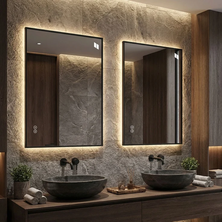 LED Badezimmerspiegel 50x70 cm mit Aluminiumrahmen, Hinterleuchtet, Anti-Beschlag, 3 Lichtfarben, Stufenlos dimmbar, Memory-Funktion, 5 mm kupferfreier Silberspiegel--Silber--50x70x2.5cm--YOUDENOVA – Bild 4