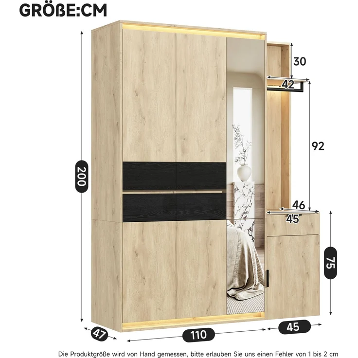 Garderoben-Set 155x47x200 cm mit Spiegel, LED-Beleuchtung und 5 Schubladen – Bild 4