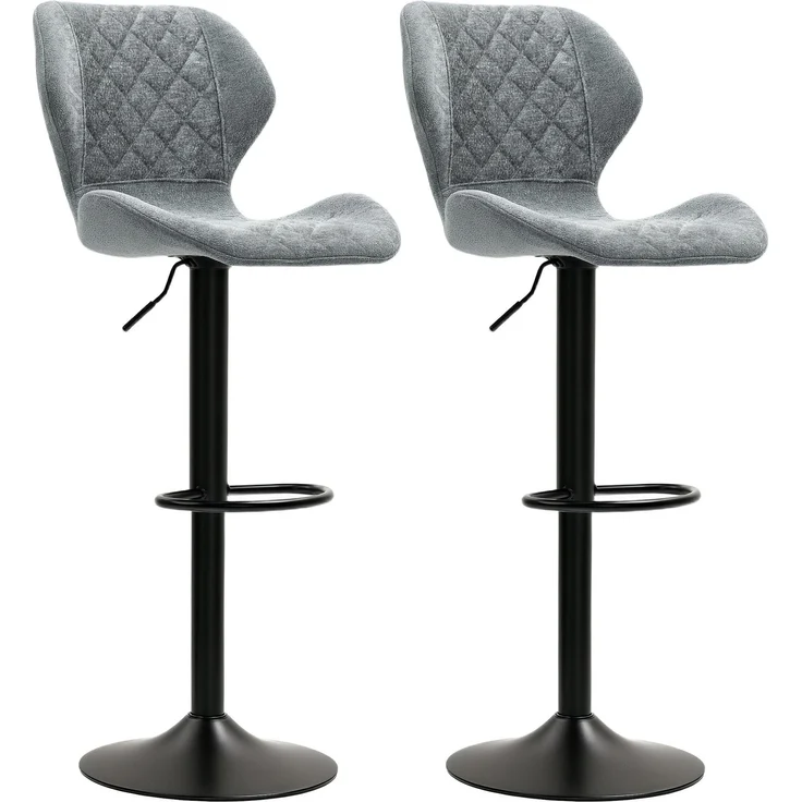 HOMCOM Barhocker 2er-Set, Drehbar Höhenverstellbar Barstuhl mit Chenille-Optik, Gepolstert Küchenstühle mit Rückenlehne und Fußstütze Tresenhocker für Küche, Stahl Dunkelgrau