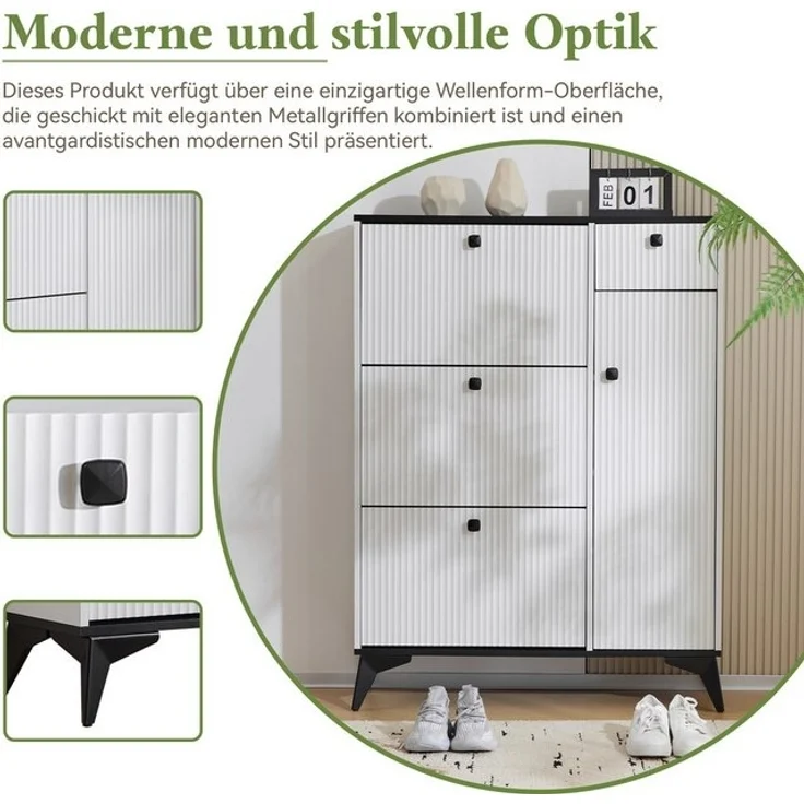 Merax Schuhschrank mit 3 Klappen Schuhregal mit Tür und Schublade,Sideboard Schuhkipper H121/B90/ T25cm – Bild 4