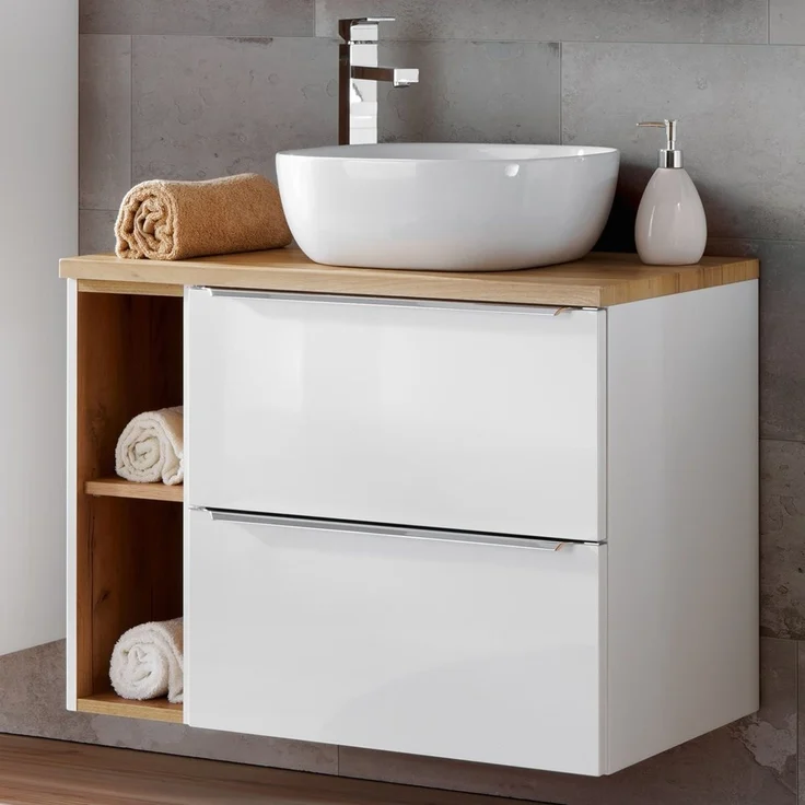 Waschtischunterschrank Set mit Regal 81cm TOSKANA-56 Hochglanz weiß & Wotaneiche B/H/T ca. 81/59,5/46cm – Bild 8