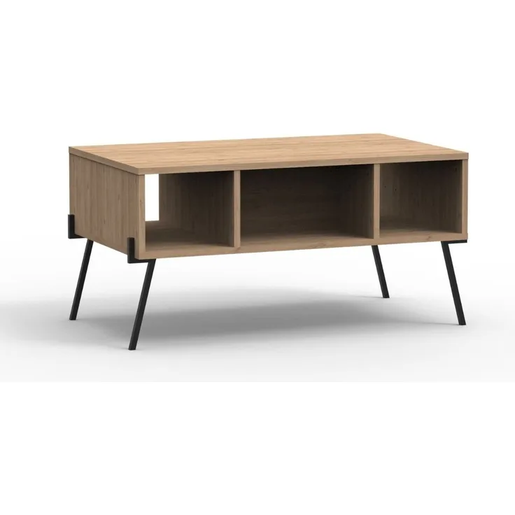 Calicosy Couchtisch 1 Tür 3 Nischen und Metallfüße L100 cm - Evan - Helles Holz