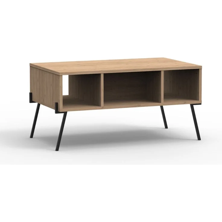 Calicosy Couchtisch 1 Tür 3 Nischen und Metallfüße L100 cm - Evan - Helles Holz – Bild 1