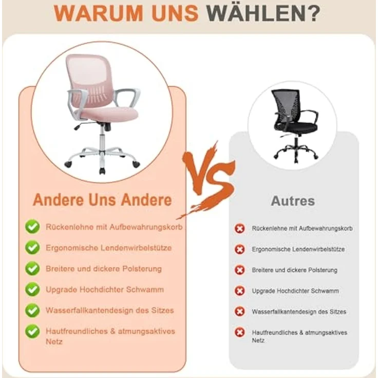 DUMOS Bürostuhl Ergonomisch, Schreibtischstuhl mit Lendenwirbelstütze, Drehstuhl mit Armlehne, Computerstuhl, Höhenverstellbarer Office Chair, Bürostühle Geeignet für Büro und Schlafzimmer (Rosa) – Bild 6