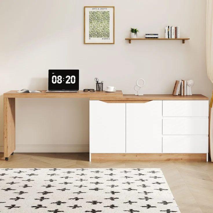 ZUBALIYA Schreibtisch mit feststellbaren Rollen – multifunktionales Design, 4 cm dickere, drehbare Tischplatte, fest arretierbar, weiß/Eiche, Faltbarer Schreibtisch, Eckschreibtisch, Sideboard,Dicke Materialie – Modell N880P4642134O – Bild 4