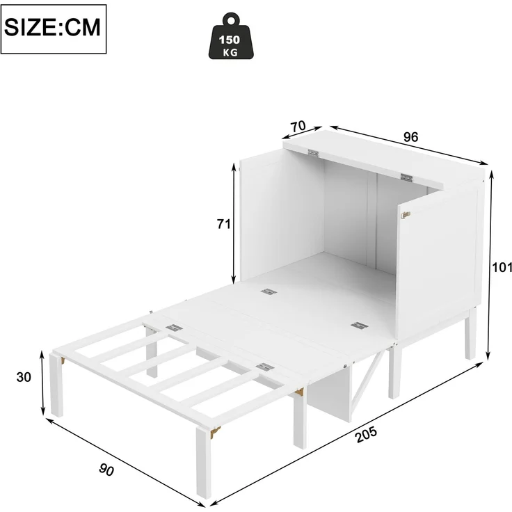Schrankbett 90x200 cm, vertikal klappbar mit Stauraum, Weiß, ohne Matratze – Bild 4
