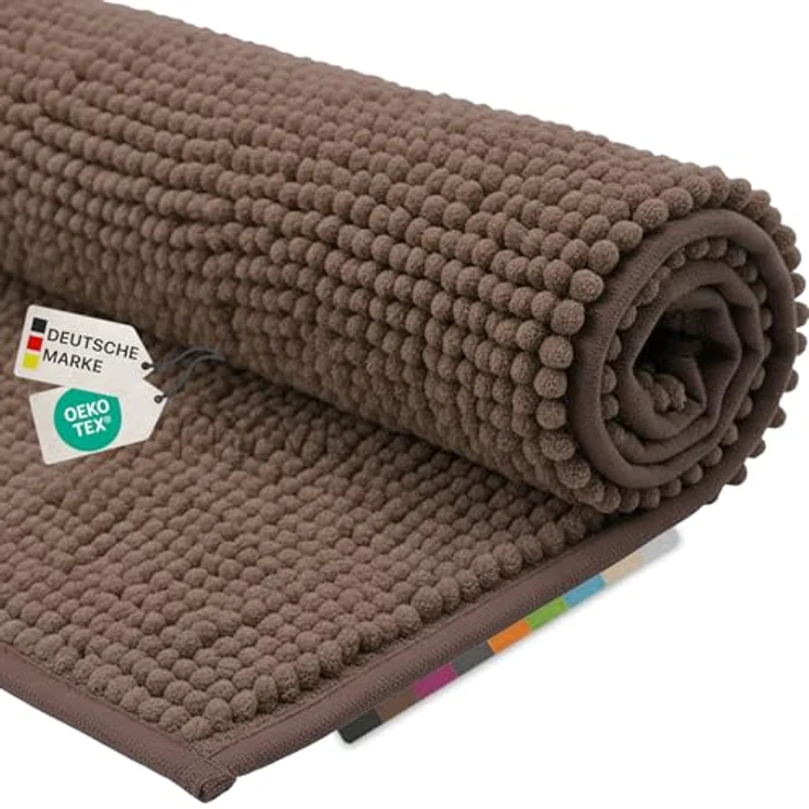 NYVI NYVISpa Badematten Set 2-teilig, Chenille 45x50 + 50x80 cm, Taupe, rutschfest, saugfähig, schnell trocknend, für Fußbodenheizung geeignet, Oeko-TEX zertifiziert – Bild 1
