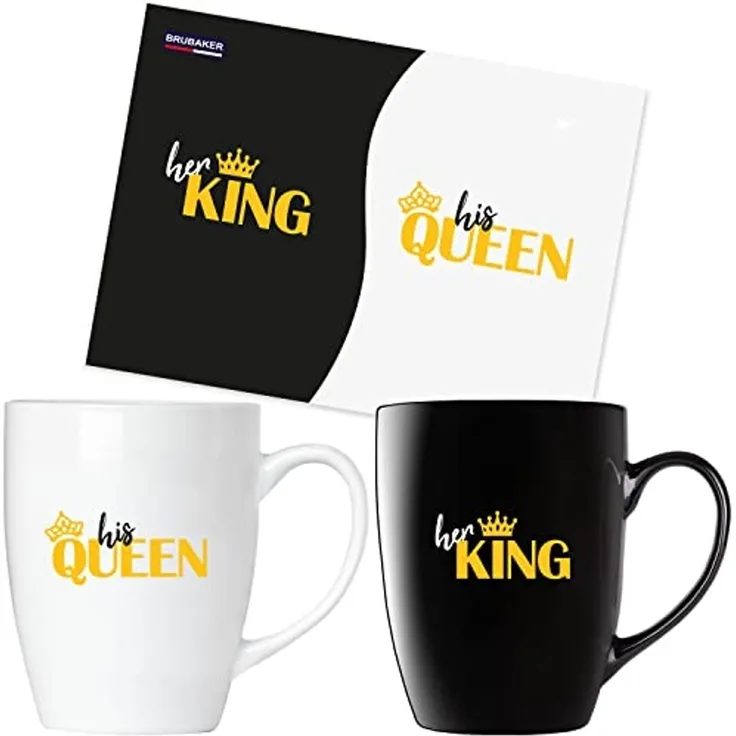 BRUBAKER Tasse Kaffeetassen Her King & His Queen mit Grußkarte, 2-tlg, Keramik, Kaffeebecher - 300 ml Tassen Geschenkset - in Geschenkbox