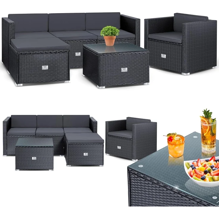 KESSER® Polyrattan Lounge Aruba – Gartenlounge für 4-5 Personen Gartenmöbel-Set Sitzgruppe aus 3er Gartensofa, Sessel, Hocker und Beistelltisch mit Sitzkissen - für Garten, Terrasse und Balkon Anthrazit – Bild 1