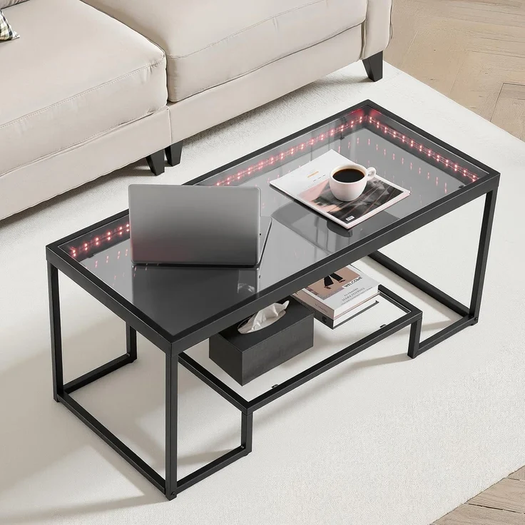 VEVOR Couchtisch Beistelltisch aus gehärtetem Glas mit Beleuchtung, rechteckiger Glastisch mit Zwei Ebenen & offenem Stauraum, Kaffeetisch aus Metall für Wohnzimmer Büro 100 x 51 x 48 cm Schwarz – Bild 2