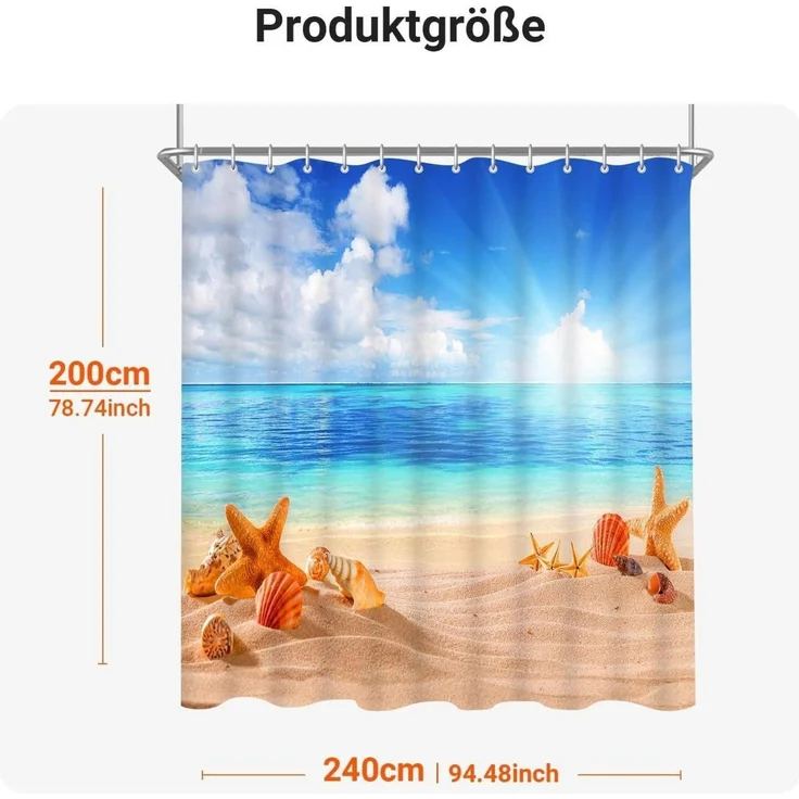 Duschvorhang 240x200cm Sea Blue Textil Beschwert Ösen Anti-Schimmel – Bild 6