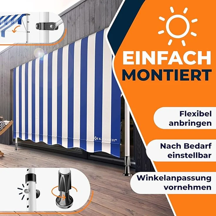 KESSER® Klemmmarkise mit Handkurbel Balkon, Balkonmarkise ohne Bohren, UV-beständig höhenverstellbar wasserabweisend, Sonnenschutz, Terrassenüberdachung, einfache Montage 250cm – Bild 7