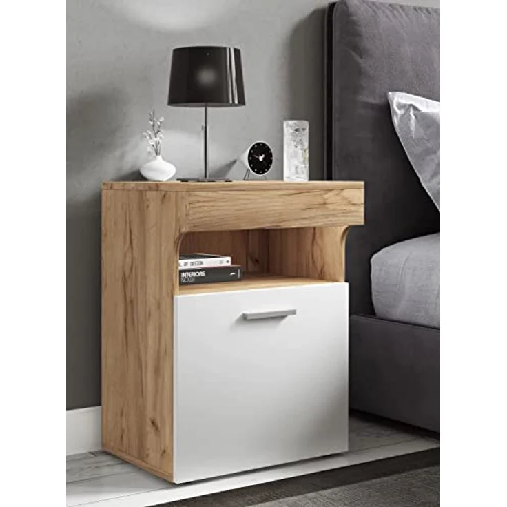 MID.YOU Nachtschrank, Weiß, Honigeiche, Kunststoff, mit Drehtüren, 45x61x39 cm, für Schlafzimmer – Bild 2