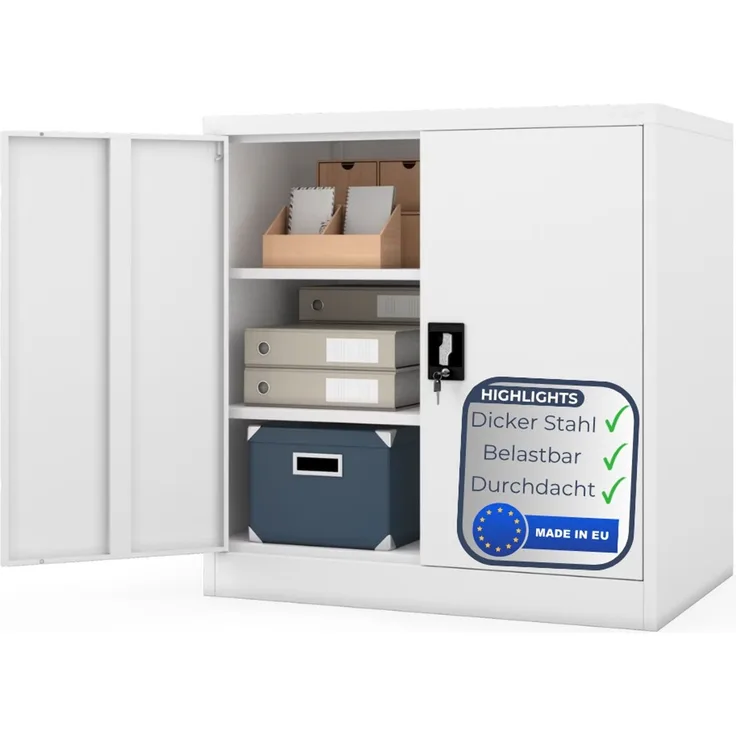 Aktenschrank abschließbar KADO - 3 Ebenen verstellbar, Flügeltüren | Metallschrank Werkstatt Mehrzweckschrank Büroschrank aus Stahl Werkzeugschrank, 93 x 90 x 60 cm Weiß