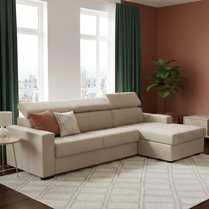 Talamo Italia - Schlafsofa mit Halbinsel Alceste, drehbares Sofa zum Öffnen, Aufbewahrungshalbinsel rechts, schmale Armlehnen, 100 % Made in Italy, 260 x 95 x 85 cm, Beige