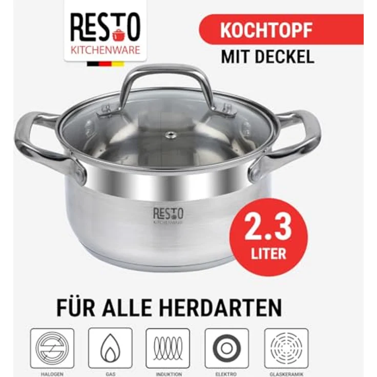 RESTO Kitchenware Kochtopf Libra, Topf energiesparend und spülmaschinenfest, Edelstahl 18/10 (2-tlg), mit hitzebeständigem Glasdeckel und Griffen – Bild 3