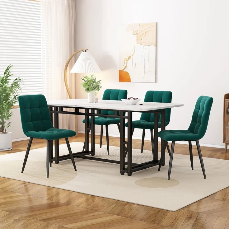 Esszimmer-Set 5-teilig mit Tisch 120x70 cm & 4 Grün Samtstühlen, Küchentisch, stabiler Essbereich für Wohnzimmer und Küche – Bild 1