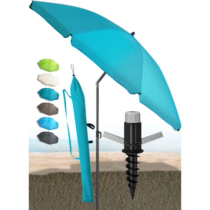 Menz Sonnenschirm Strand in Türkis - Komplettes 3er-Set inkl. robustem Sonnenschirm + solider Bodenhülse + langlebiger Schutzhülle, Strandschirm windfest stabil, Strandschirm mit UV50+ Schutz