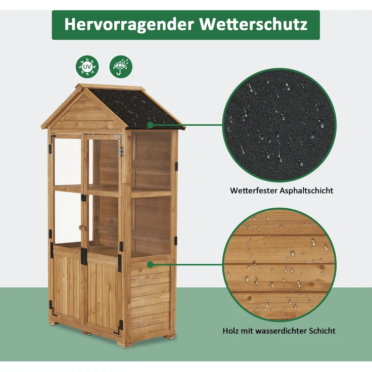 M MCombo Gartenschrank Holz Klein, Outdoor Gartenhaus Gerätehaus Wetterfest, Gewächshaus für Balkon & Terrasse, 0111 (Natur) – Bild 6