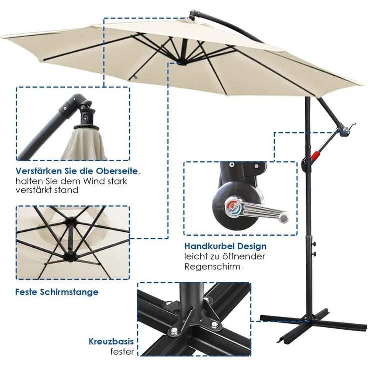 Clanmacy Sonnenschirm Sonnenschirm 350 cm Kurbel Ampelschirm mit Windsicherung Beige – Bild 2
