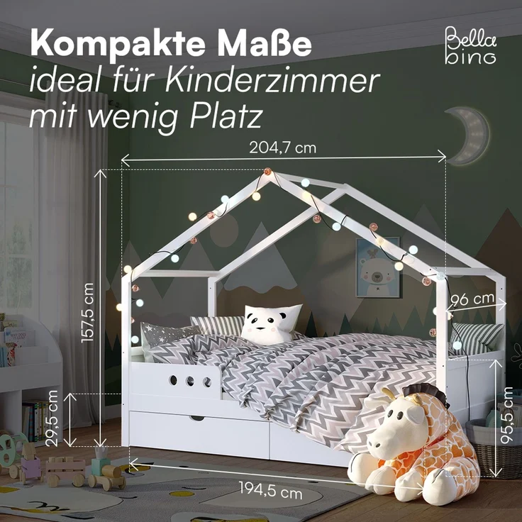 Bellabino 'Bela' Hausbett 90x200 cm mit Matratze und großer Schublade, weiß, Kiefer Massivholz, Montessori Kinderbett mit Stauraum, inkl. Rausfallschutz und Lattenrost – Bild 9