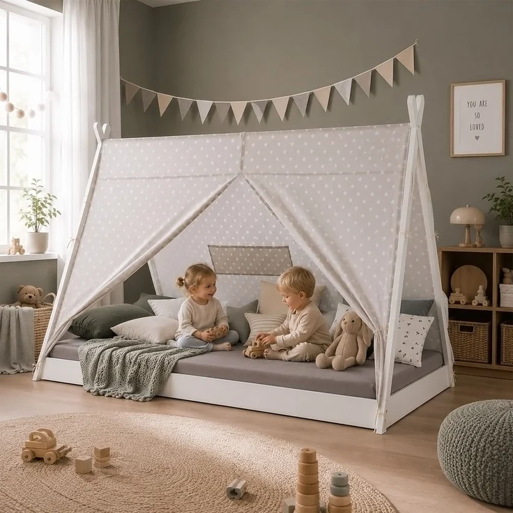Kinderbett TIPI 90x200 Jugendbett weiß grau Holzbett Kinderzimmer Stoff – Bild 2