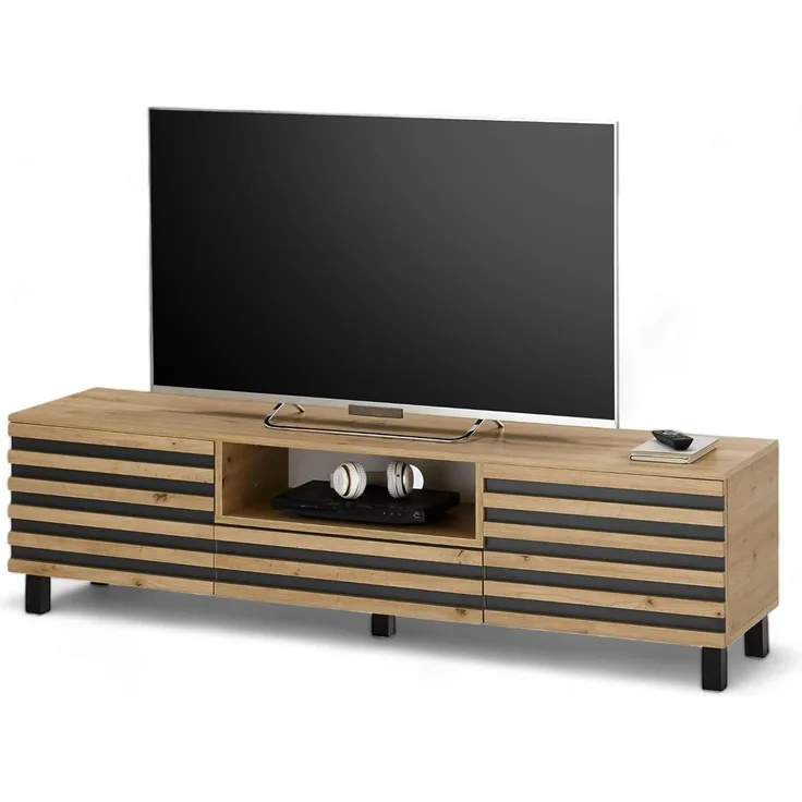 ANKARA TV-Lowboard in Artisan Eiche Optik, Schwarz - Moderner TV Schrank mit viel Stauraum für Ihr Wohnzimmer - 166 x 44 x 40 cm (B/H/T)