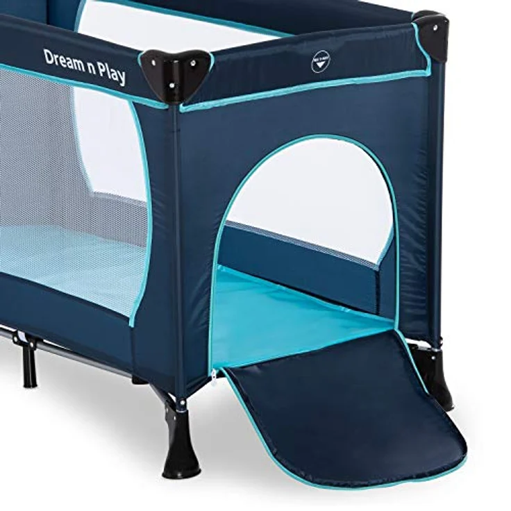 Hauck 'Dream’n Play Plus' Reisebett 3-teilig 120x60 cm, ab Geburt bis 15 kg, inkl. Tragetasche, Einlageboden und Schlupf (faltbar, tragbar, leicht & kippsicher), navy/aqua – Bild 3