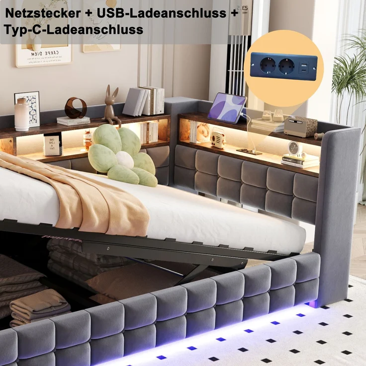 Polsterbett Liegefläche 90×200 cm mit Bettkasten, LED und Steckdose, Grau, ohne Matratze – Bild 7
