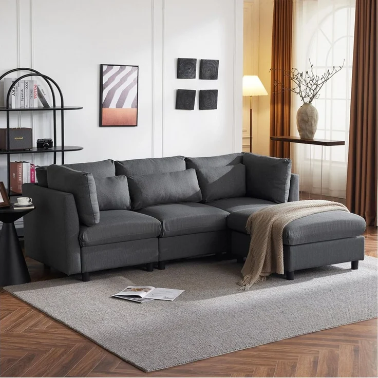 Merax 3-Sitzer mit Hocker, XXL Sofa, aus Leinen mit 2 Kissen,Sofagarnitur,Loungesofa,modulare Couch – Bild 5