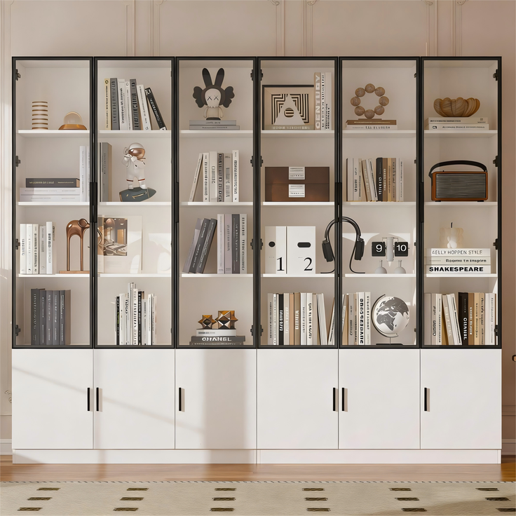 240*32*200cm Vitrine, Standvitrine mit 12 Schranktüren, Hochschrank, Glasvitrine mit LED, Wohnzimmerschrank 240 cm breit, Multifunktionsschrank, Großer Schrank, Weiß--Weiß--240x32x200cm--YOUDENOVA
