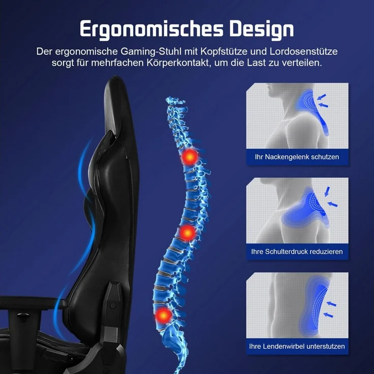 Adormii Gaming-Stuhl Gaming Stuhl ergonomisch Gaming Chair Bürostuhl verstellbare (Gaming Stuhl mit verstellbaren Lendenkissen, Armlehne und Kopfstütze, Gamer Stuhl Bequeme Sitzkissen), gepolsterter Gaming-Stuhl, bis 150 kg Belastbarkeit, mit Wippfunktion – Bild 2