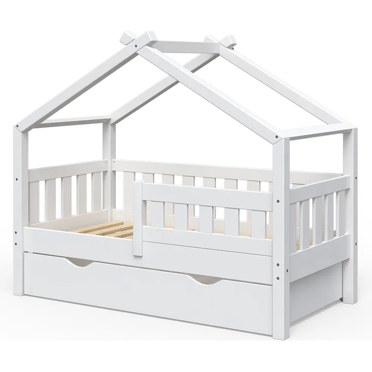 Hausbett Design Weiß 70x140 cm mit Schublade Vitalispa