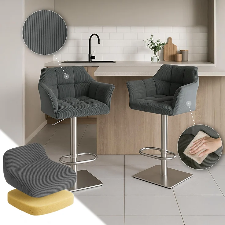 Barhocker SIHAR - Cord Grau 64x45x88 cm Silber | Barstuhl Mit Lehne Tresenhocker Tresenstuhl Kneipenhocker Kneipenstuhl – Bild 8