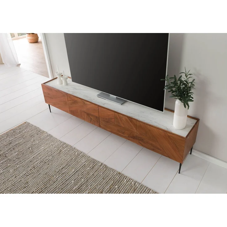 TV-Board Akazie 220 x 40 x 50 natur lackiert / Marmor weiß KARLSTAD #06 – Bild 2