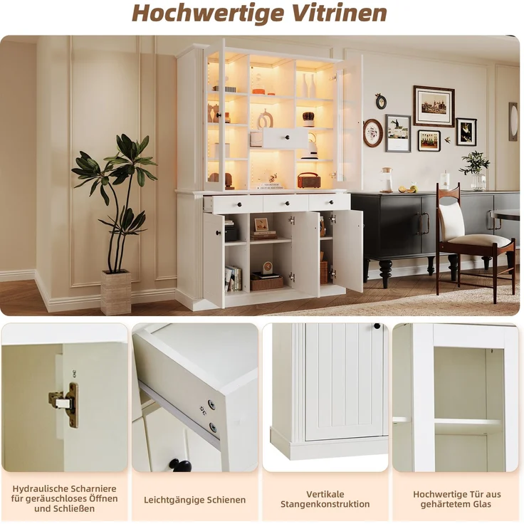 Vitrine 119,5x40x180 cm in Weiß mit LED, 5 Türen und 4 Schubladen – Bild 9