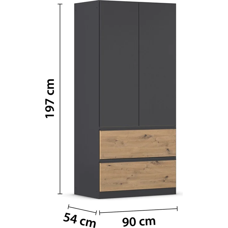 rauch Kleiderschrank, Drehtürenschrank COSTA, 2-türig, 2 Schubkästen, push-to-open, Grau metallic, 91 x 197 x 54 cm – Bild 4
