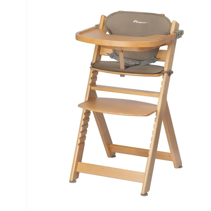Bebeconfort Hochstuhl Timba - Natural Wood/Beige, Mitwachsender Holz Baby Kinderhochstuhl mit Sitzauflage - verstellbar
