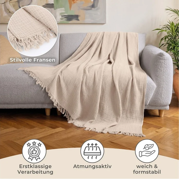 Laynenburg Tagesdecke Musselin mit Fransen aus 100% Baumwolle – Baumwolldecke, Wohndecke als Sommerdecke, Bett-Überwurf, Sofa-Decke, Kuscheldecke – Bild 3