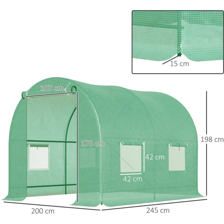 Wohnora-5 m² Tunnelgewächshaus (2,5 m L x 2 m B x 2 m H) Stahlbetonkonstruktion Ø 1,8 cm + hochdichtes PE 140 g/m² Fenster Grün,H 1980cm x T 1550cm x B 2000cm – Bild 4