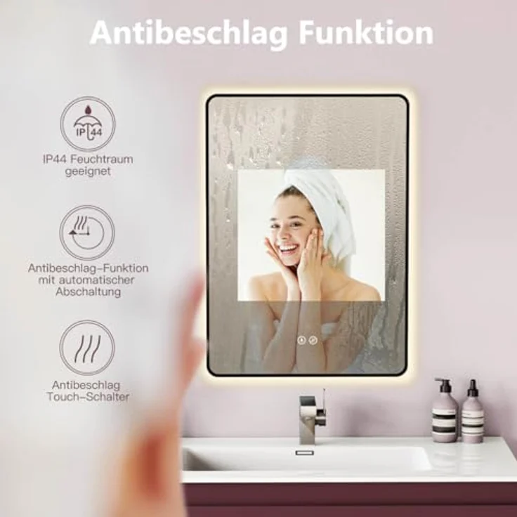 HOKO Antibeschlag LED Badspiegel Kalifornien 50x70 cm/70x50 cm mit schwarzem Metallrahmen, Touch Sensor und stufenlosem Lichtwechsel 2700-6500K – Bild 4