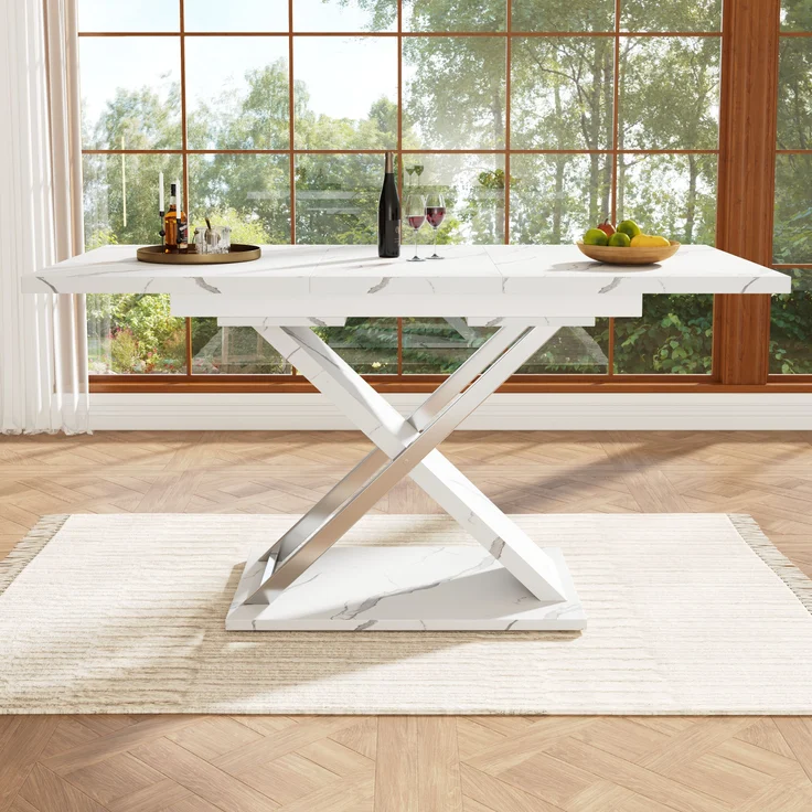 Teleskop-Esstisch 118–157 cm mit Marmormuster MDF-Platte, robustes Kreuzbein-Design, Metall-Teleskopstange, 76.4cmx118-157cmx75cm – Bild 3