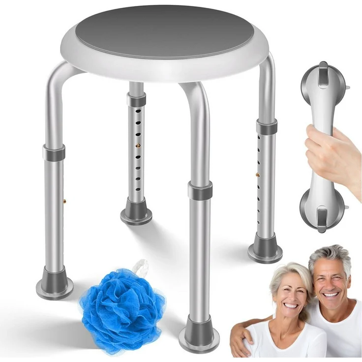 KESSER® Duschhocker höhenverstellbar 8 Stufen | Leichter Badhocker rutschfeste Gummifüße Duschstuhl 136KG belastbar | Duschhilfe Senioren | Saugnapf Haltegriff Badewannengriff | Duschsitz 360° drehbar Weiß / Grau – Bild 1