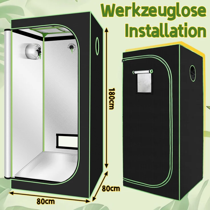 Eikuavons Growbox aus 600D Oxford-Gewebe, reißfest, feuerhemmend, für Kräuter Gemüse und Obst 80x80x180cm, Polyestergewebe, schwarz – Bild 2