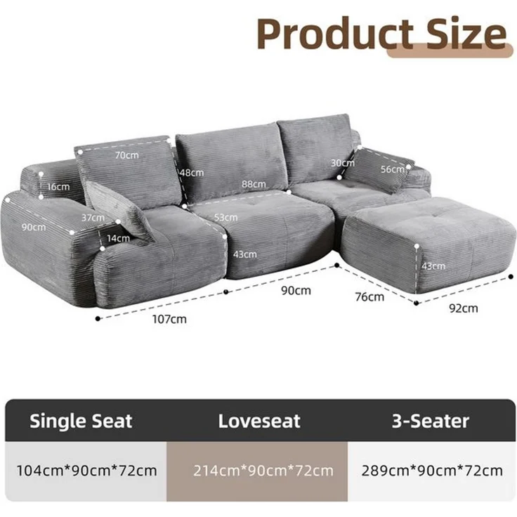 Leawin Ecksofa Ecksofa 3-Sitzer Sofa mit Hocker, ohne Montage, ergonomisch, Modulares Sofa, 32D Polsterung für Wohnzimmer, Schlafzimmer & Büro – Bild 4