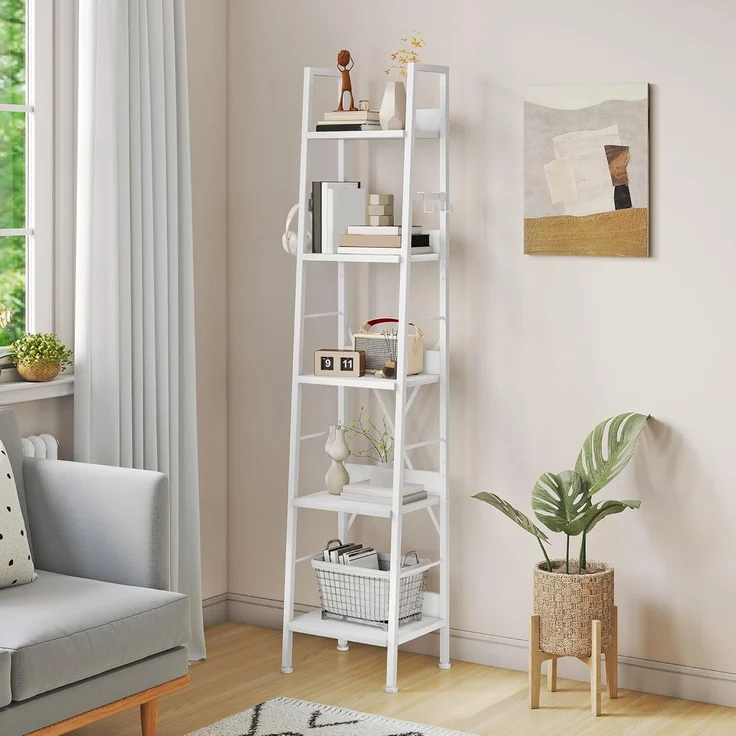 YITAHOME Schmal Bücherregal mit 5 Ebenen 35 cm Breit, Industrielles Leiterregal Standregal Holzregale und Metallrahmen, Modernes Regal für Wohnzimmer, Büro, reinweißes – Bild 1