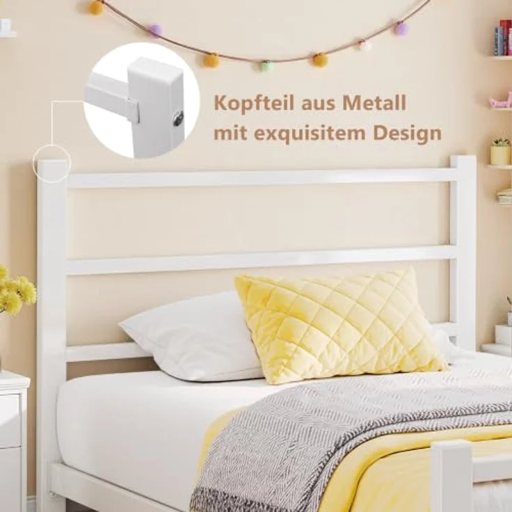 Feonase Einzelbettgestell aus Metall mit stilvollem Kopfteil und Fußteil, Einzelbettgestell, einfache Montage, reichlich Stauraum unter dem Bett (Weiß, 90x200 cm) – Bild 4