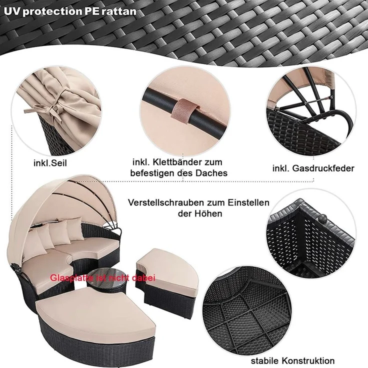 Polyrattan Sonneninsel 180cm Gartenmuschel Sonnenliege Loungebett schwarz/creme – Bild 2