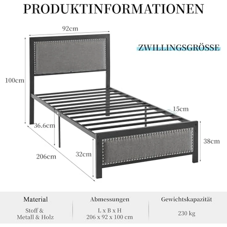VECELO 2er-Set Polsterbett 90x200 cm mit Lattenrost, Einzelbett mit Leinen-Kopfteil und Nietenakzente, stabiles Metall-Bettgestell, geräuscharm, einfache Montage, Dunkelgrau – Bild 2